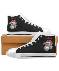 The Rolling Stones Big Red Tongue Great Wave Fuji Mountain Tattoo Japan Style Canvas Shoes,Low Top, High Top, Sport Shoes - Black White